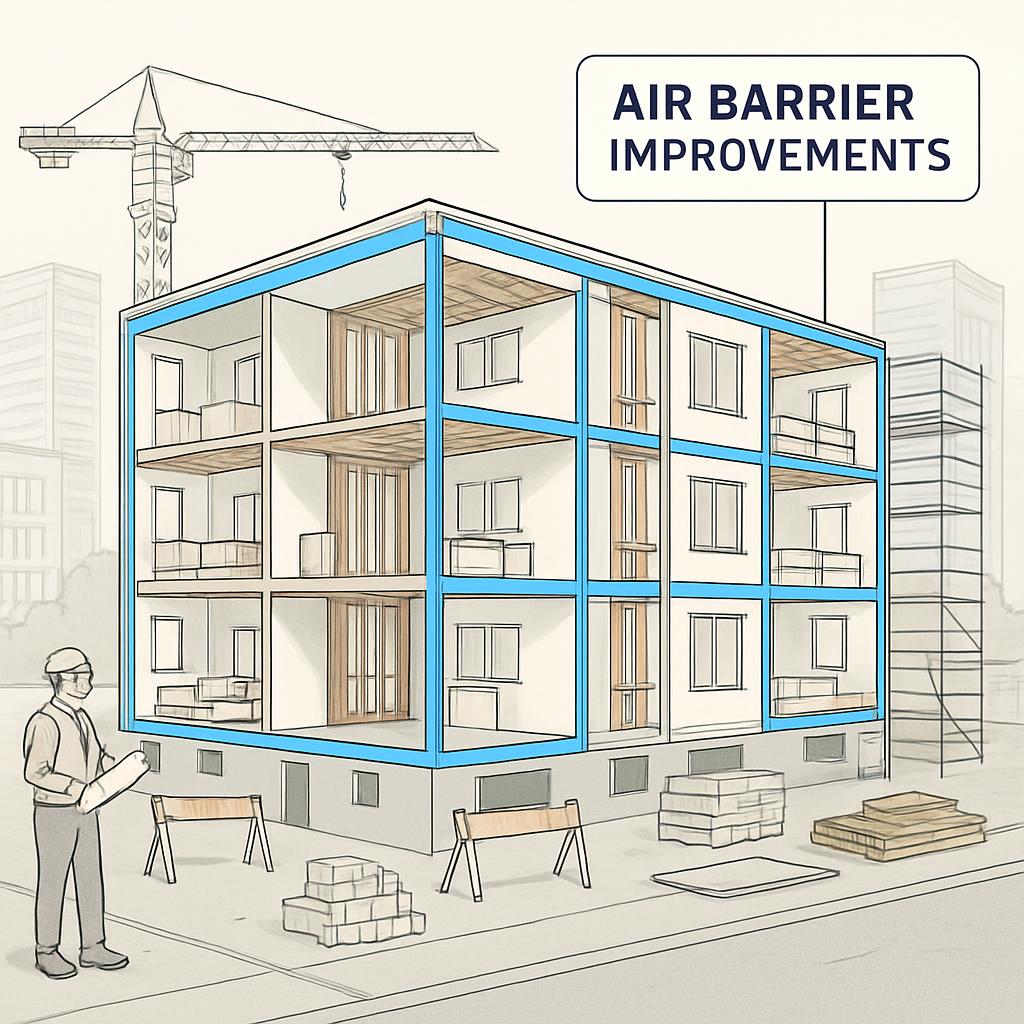 An illustration of a building's cross-section showing air barriers in blue, with construction materials around it and a wo...