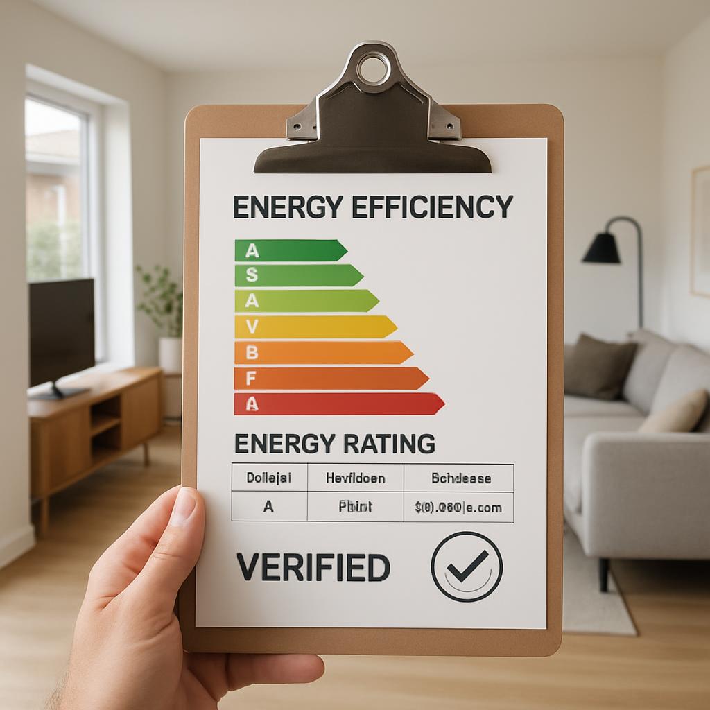 Energy Efficiency Rating Chart Document in a Hand, Living Room in the Background.
