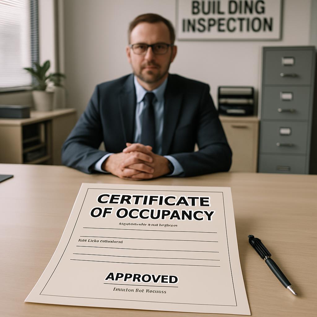 Blank certificate of occupancy form with placeholder text in English and a suitable colored background.