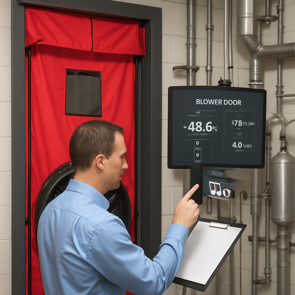 A man in a blue shirt pointing at a digital screen displaying "Blower Door" metrics, including airflow rate, PS values, an...