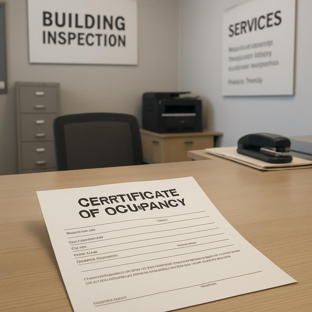 Certificate of occupancy form on desk in office setting.