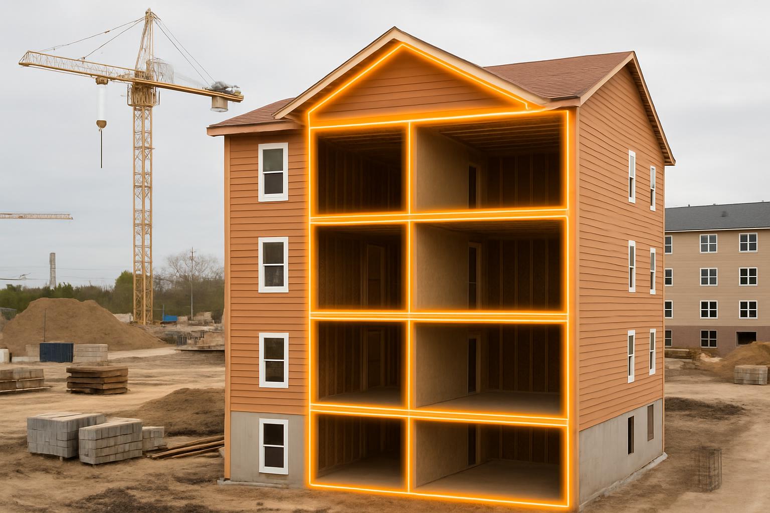 A multi-story building under construction with a crane in the background, edited to show floor plan layouts.